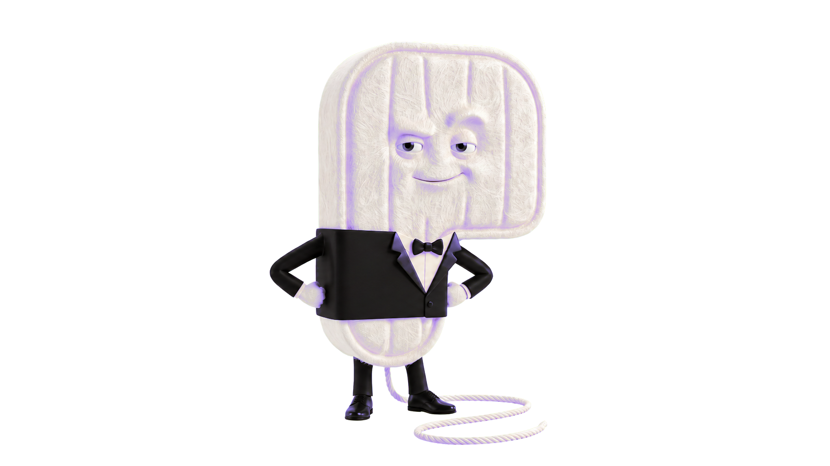 The Pons agent: a pale, fibrous tampon in a black tuxedo and bow tie, standing with his hands on his hips, a single retrieval string trailing across the lime field.